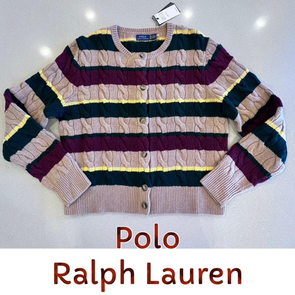 NWT Ralph Lauren Cable Knit Striped Cardigan Sweater 90% Wool 10% Cashmere SzXXL
